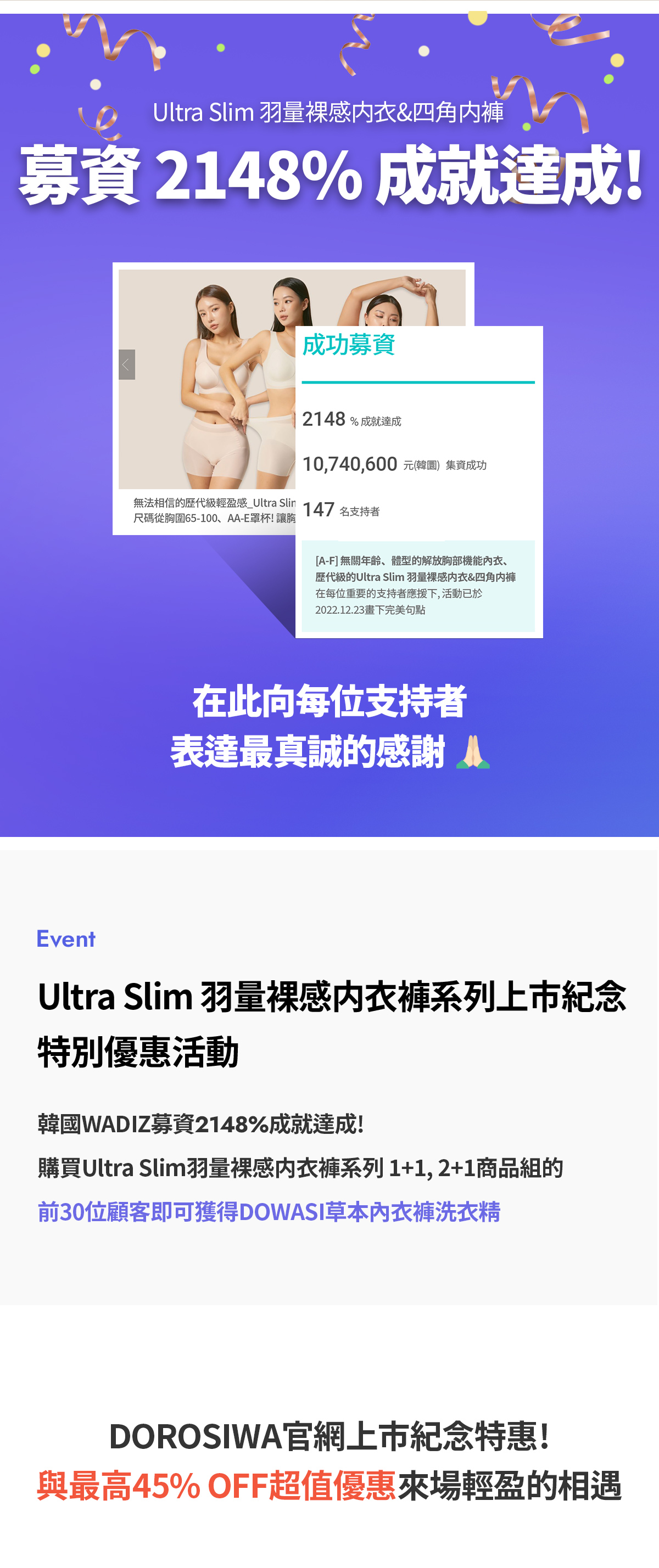Ultra Slim 羽量裸感内衣&四角内褲 募資 2148% 成就達成!